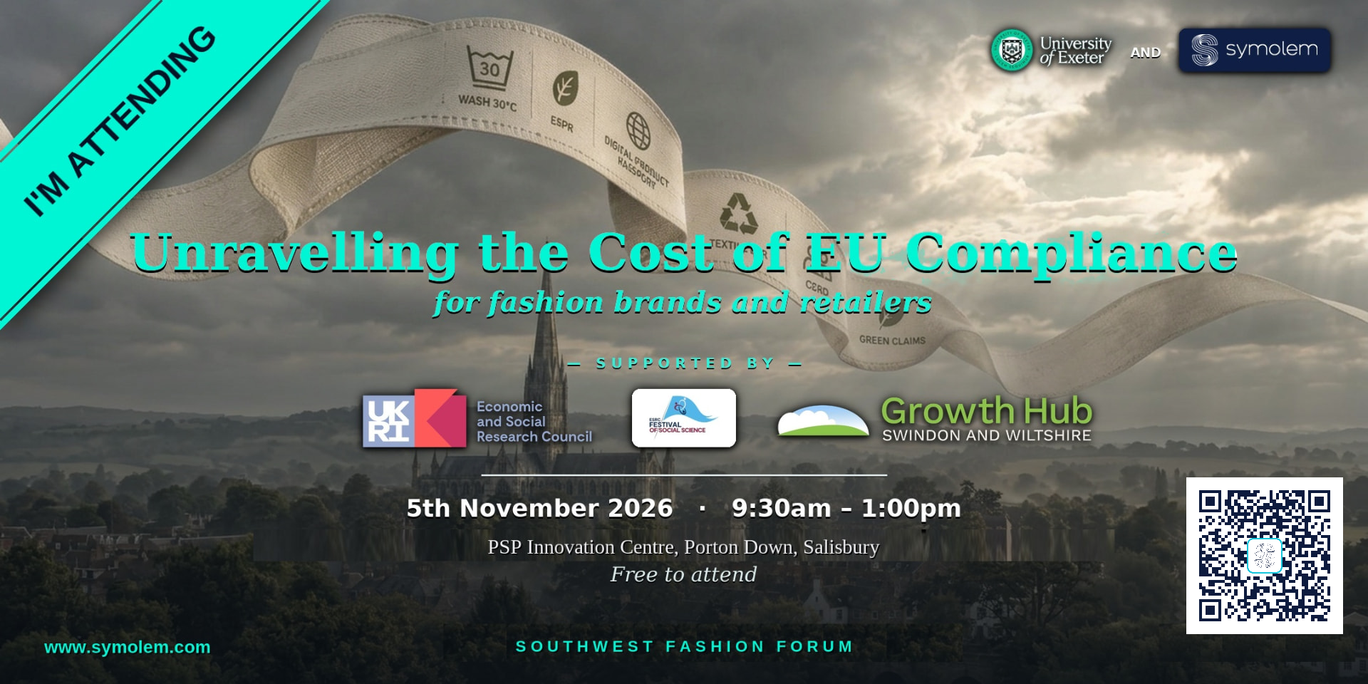 I'm attending: Southwest Fashion Forum, 5 November 2026 in Salisbury. Event poster with a teal attending badge and QR code to the Forum page.