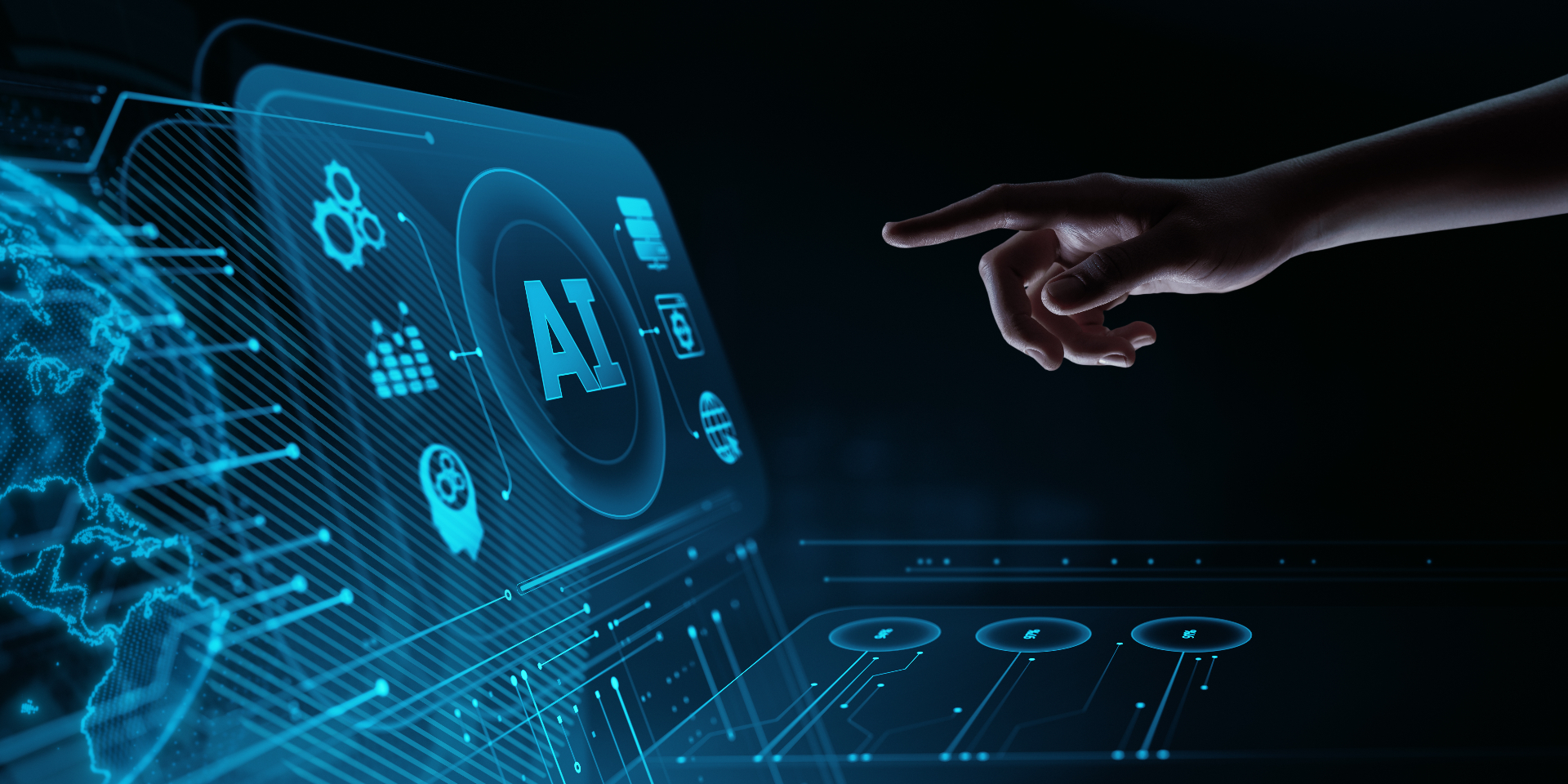 Hand interacting with a glowing blue AI interface over a digital globe and data network