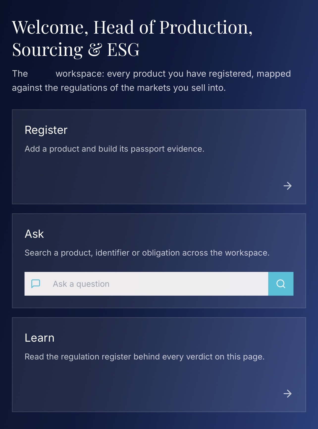 Symolem ID platform workspace showing Register, Ask and Learn cards for product compliance
